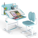 Children's desk and chair set with books and stationery on a white background