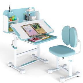 Children's desk and chair set with books and stationery on a white background