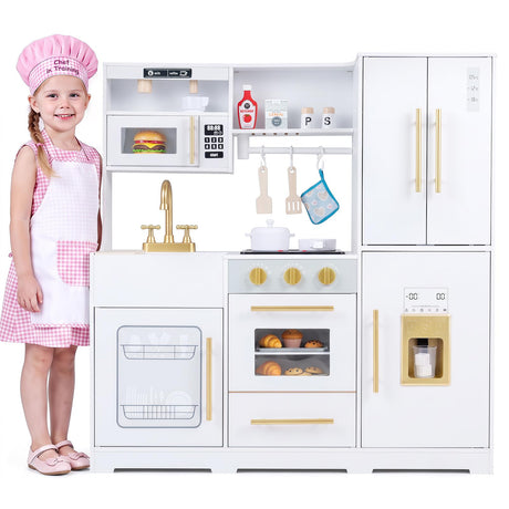 Wooden Play Kitchen with Lights & Sounds and Sink Stove Oven for Kids Ages 3+