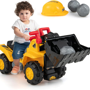 HONEY JOY Kids Ride on Excavator, Construction Digger Pulling Cart with Helmet, 3 Toy Stones