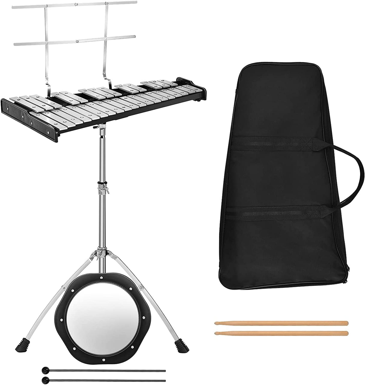 HONEY JOY 32 Note Glockenspiel Xylophone Percussion Bell Kit with Adjustable Stand, 8'' Practice Pad