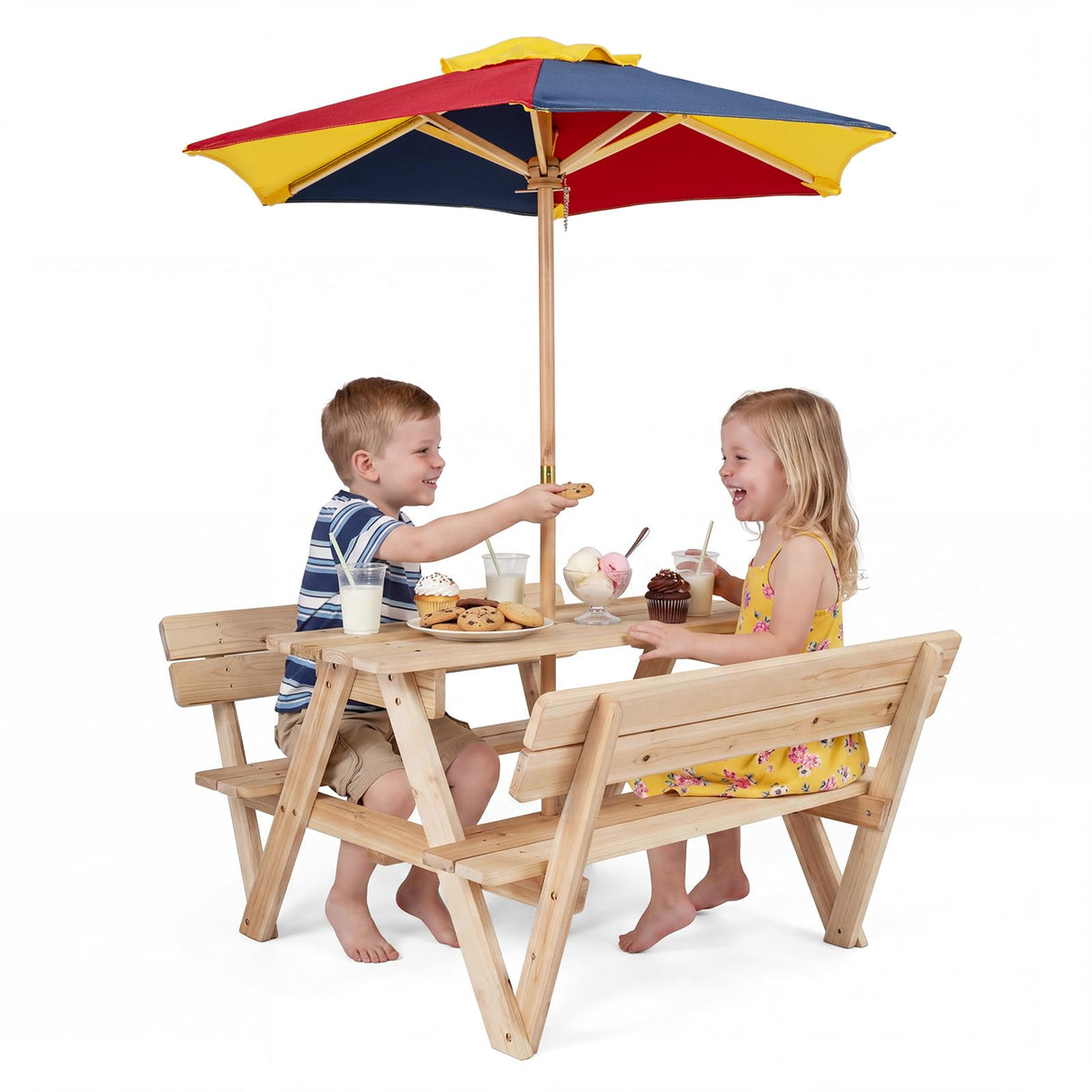HONEY JOY Kids Picnic Table, Toddlers' Outdoor Table w/ 2 Built-in Benches