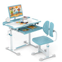 Children's desk and chair set with educational materials on a white background
