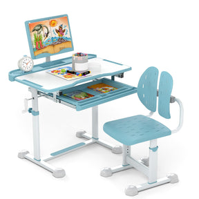 Children's desk and chair set with educational materials on a white background