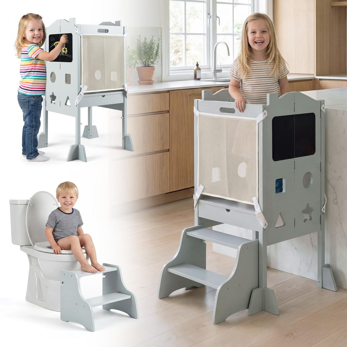 BABY JOY Foldable Toddler Tower with 3 Using Modes Step Stool Standing Kitchen Tower