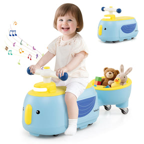 Child playing with a blue and yellow toy car with stuffed animals on a white background