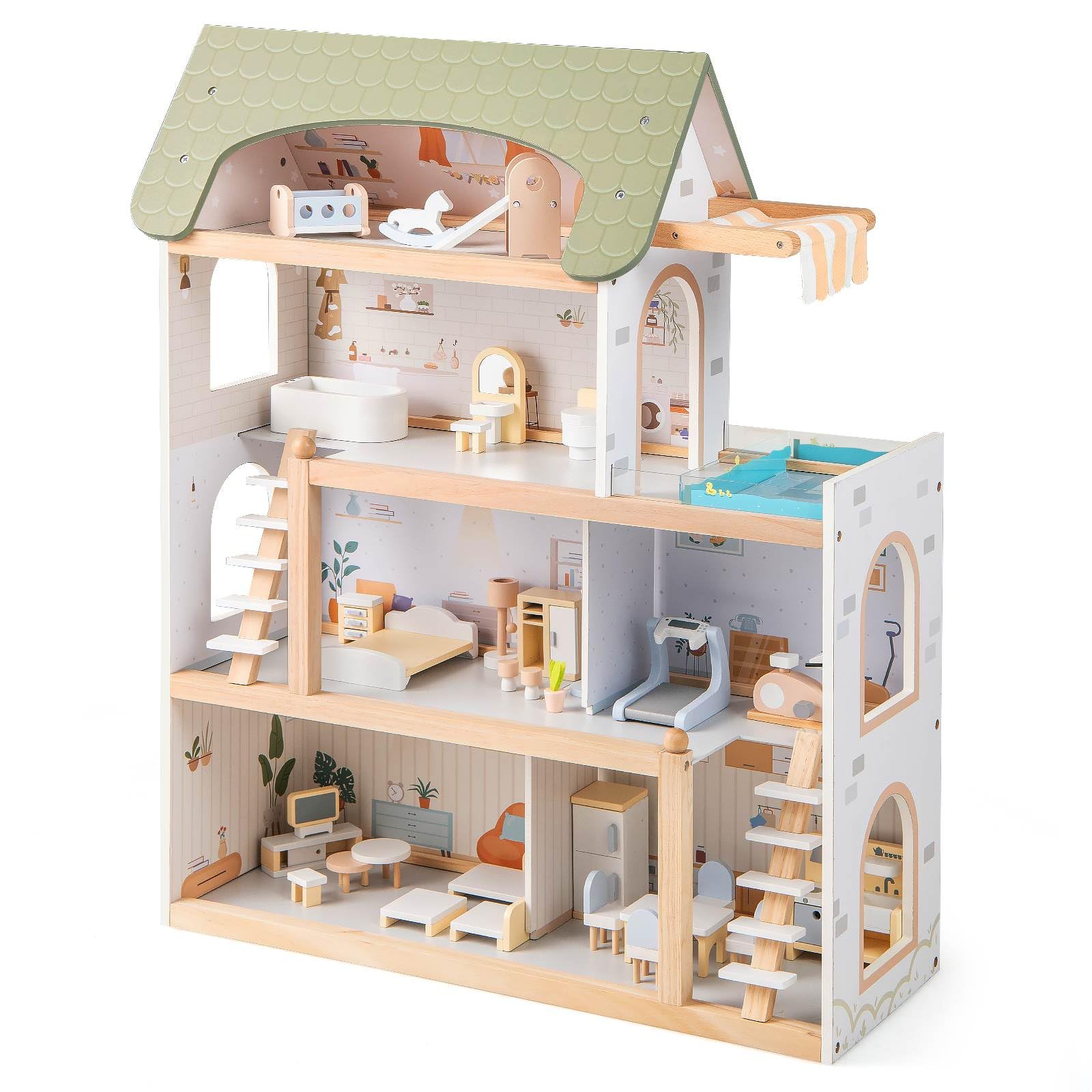 Wooden dollhouse with multiple rooms and furniture on a white background