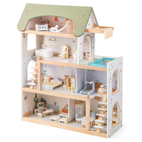 Wooden dollhouse with multiple rooms and furniture on a white background