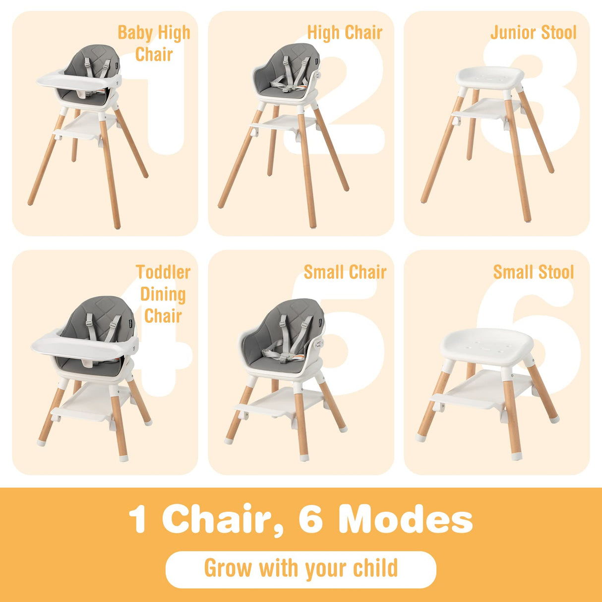 BABY JOY Baby High Chair 6-in-1 Convertible Wooden High Chair with Double Dishwasher Safe Trays