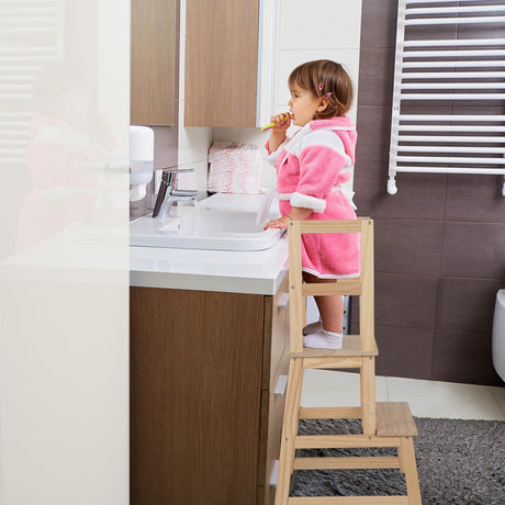 BABY JOY Kids Kitchen Step Stool with Safety Rail, 2 in 1 Solid Wood Montessori Learning Stool