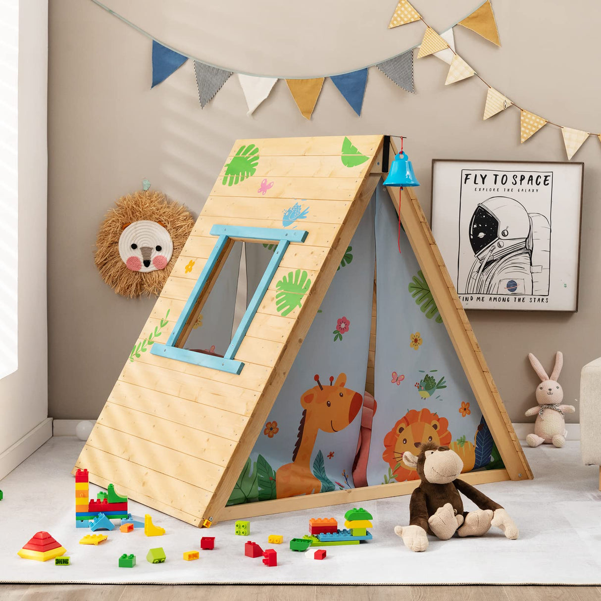 HONEY JOY Kids Triangle Climber with Tent, 2 in 1 Wooden Climbing Triangle Toys w/Climbing Wall