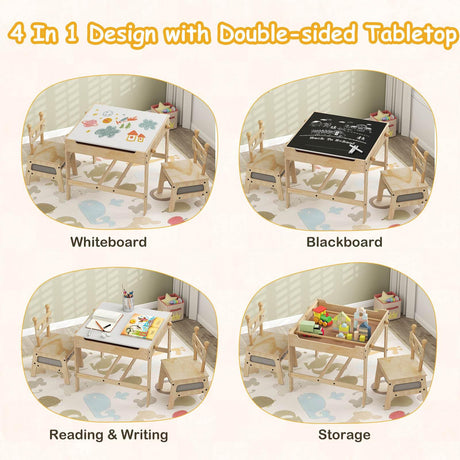 4-in-1 Kids Table and Chairs Set with Reversible Whiteboard for Arts Robot Style