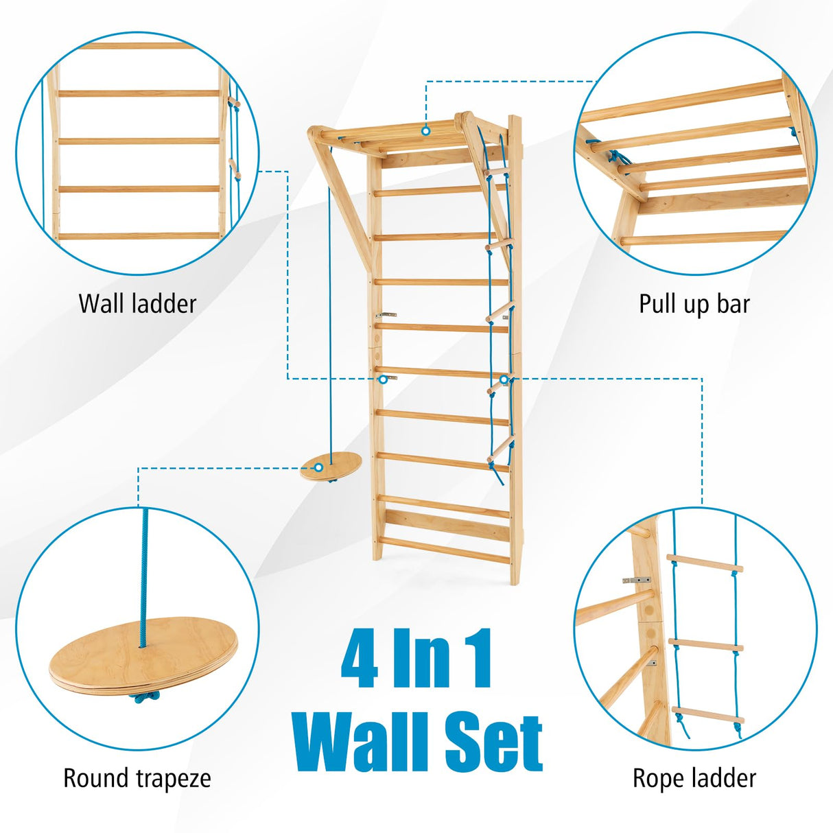 HONEY JOY Wood Stall Bar, Swedish Ladder with Swedish Wall & Pull Up Bar