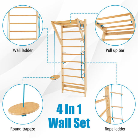 HONEY JOY Wood Stall Bar, Swedish Ladder with Swedish Wall & Pull Up Bar