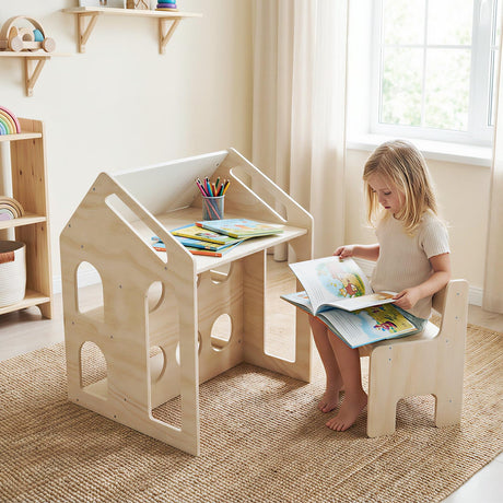 HONEY JOY House-Shaped Kids' Desk w/Chair, 3-in-1 Toddler Art Table Set
