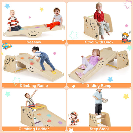 HONEY JOY Kids Wooden Climbing Toy, Triangle Climber Jungle Gym Set w/Seesaw, Dual-Sided Ramp