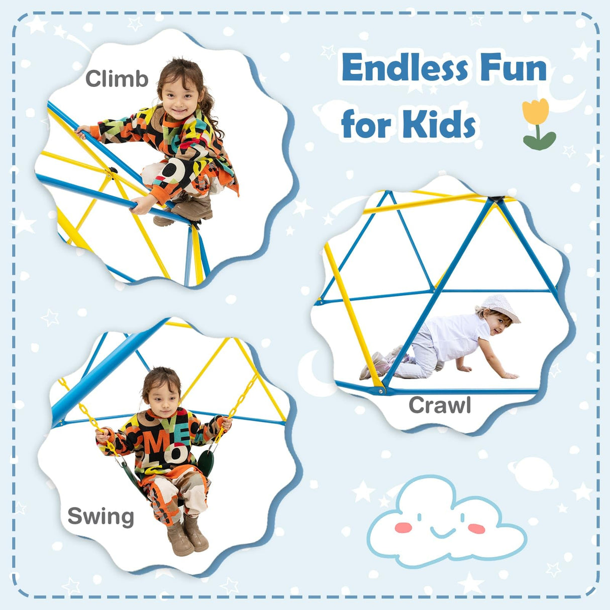 HONEY JOY Kids 10FT Climbing Dome with Swing w/Slide