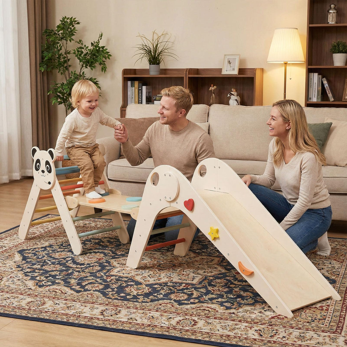 HONEY JOY Kids Triangle Climbing Set, Foldable Panda-Themed Wood Montessori Climbing Set