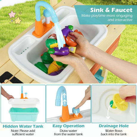 Wooden Kids Play Kitchen Set with Removable Sink and Grill Rack Mud Kitchen