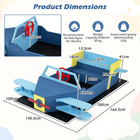 HONEY JOY Glider-Shape Kids Sandpit, Large Wooden Outdoor Sand Box w/Bench Seat