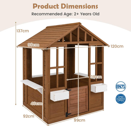 Wooden playhouse with dimensions labeled on a beige background