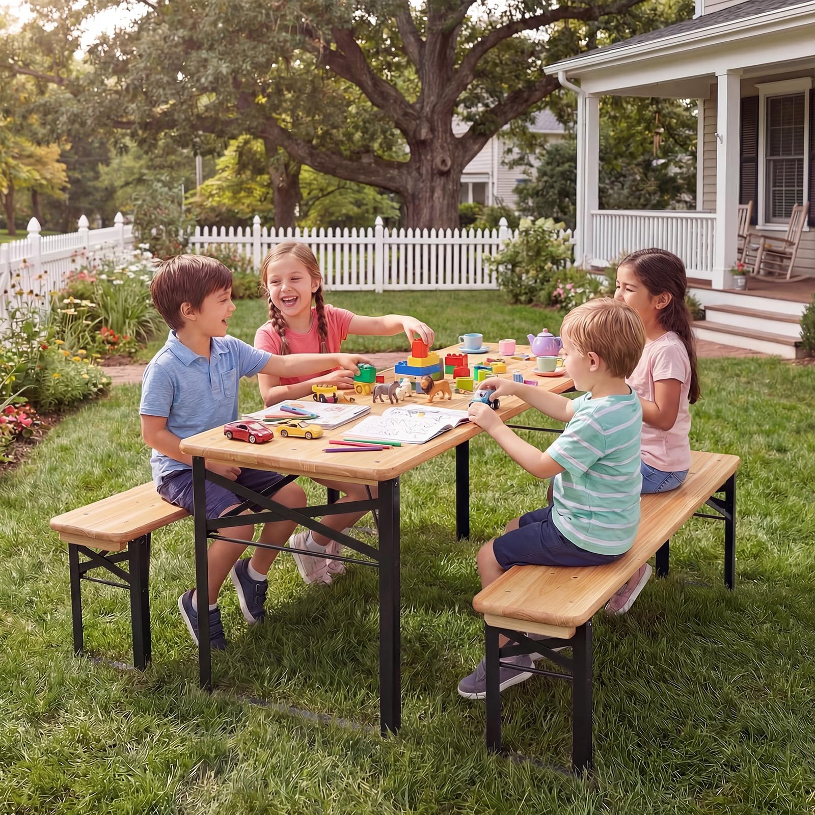 HONEY JOY 110 CM Folding Kids Picnic Table & Bench Set, No
