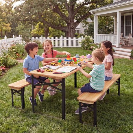HONEY JOY 110 CM Folding Kids Picnic Table & Bench Set, No Assembly Wooden Toddler Table