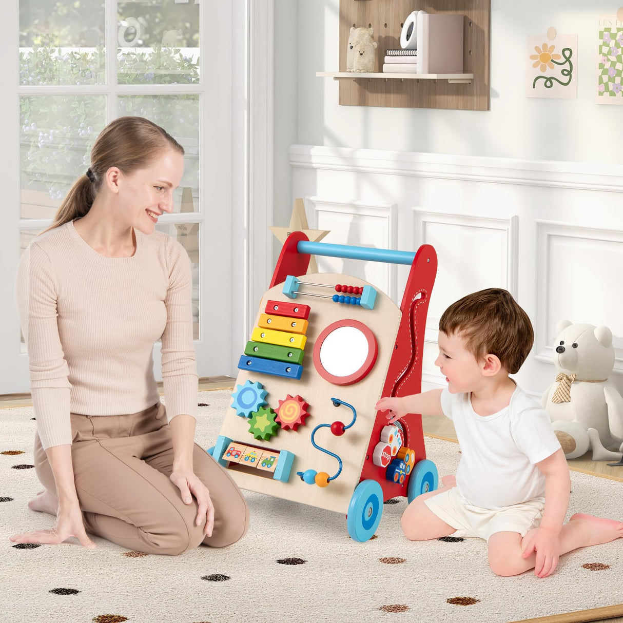 Wooden Baby Walker, Baby Push Walker with Handle, Storage & Wheels, Push and Pull Learning Activity Walker