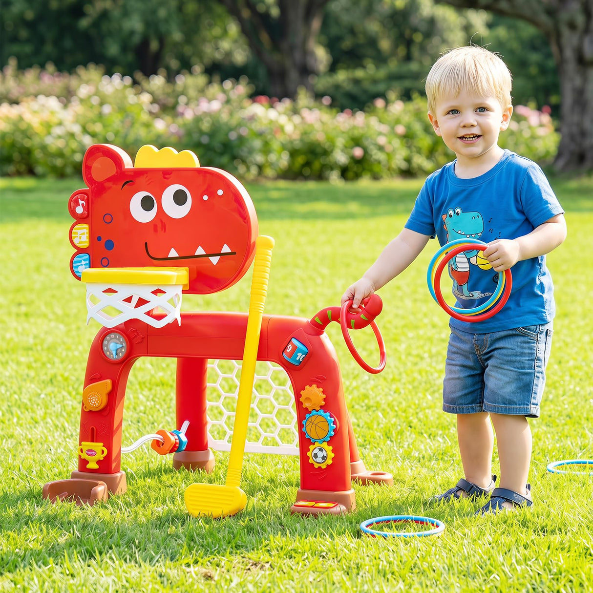 HONEY JOY Dinosaur Toddler Basketball Hoop & Soccer Ball Activity Center
