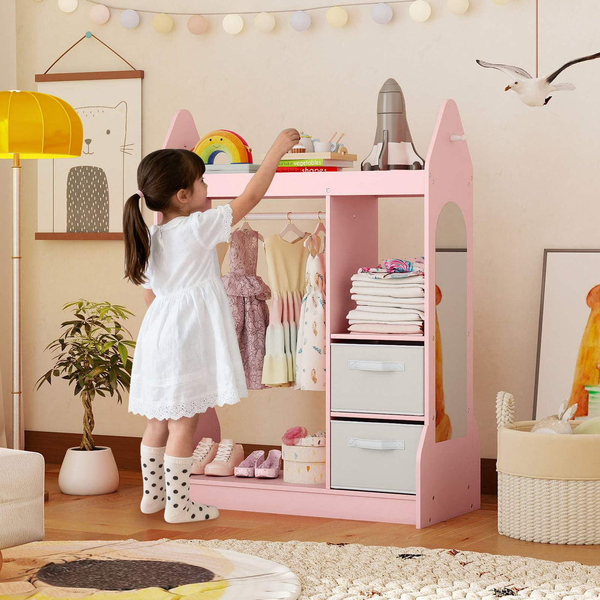 Kids Clothing Rack with Mirror and Cloth Hanger for Kids Room