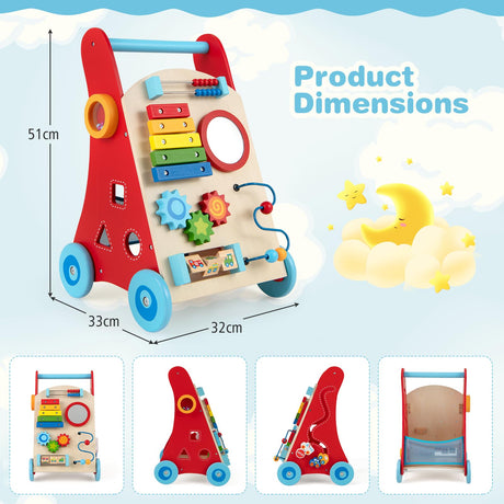 Wooden Baby Walker, Baby Push Walker with Handle, Storage & Wheels, Push and Pull Learning Activity Walker