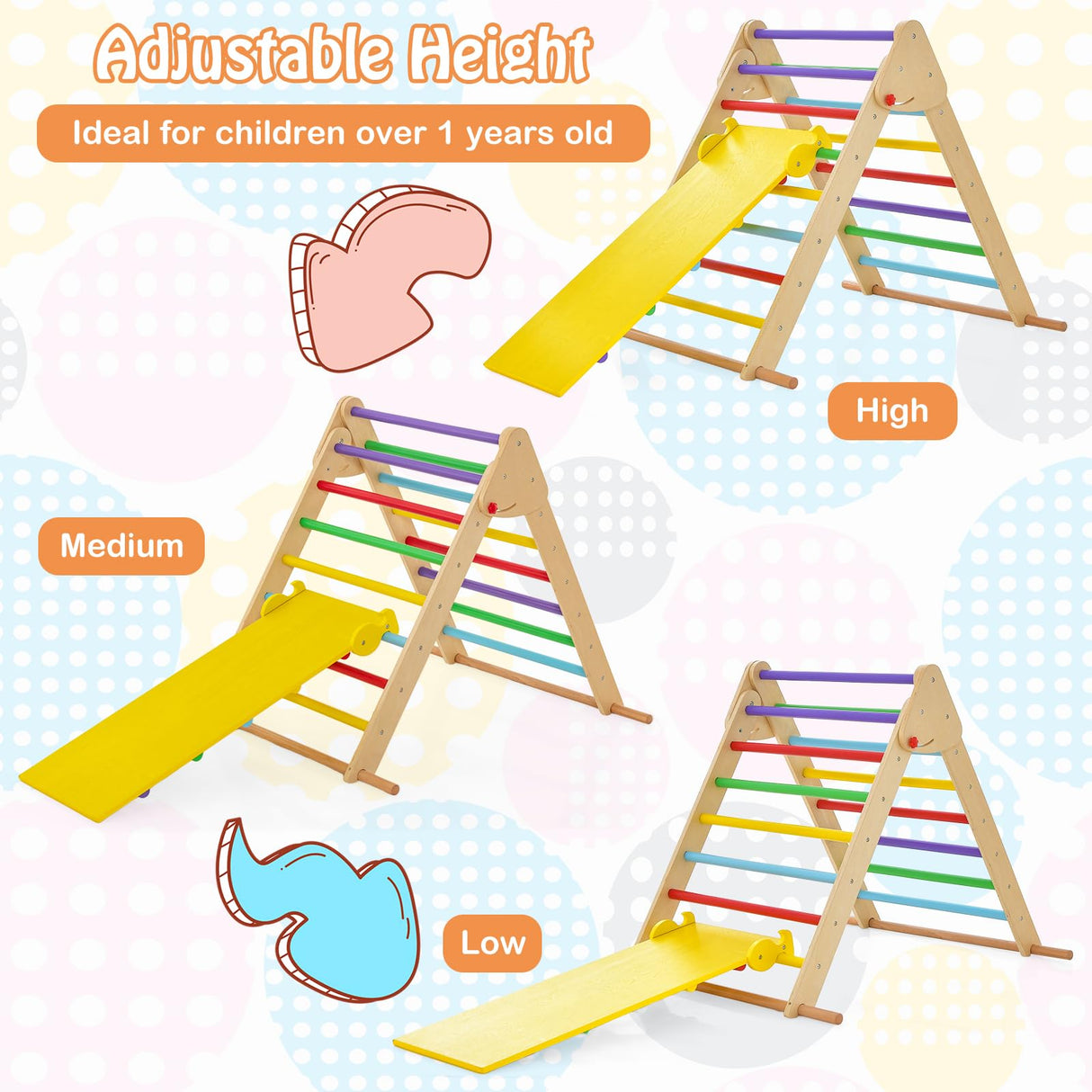 HONEY JOY Kids Climbing Triangle Playset, Foldable Climbing Triangle Ladder w/Adjustable & Reversible Ramp