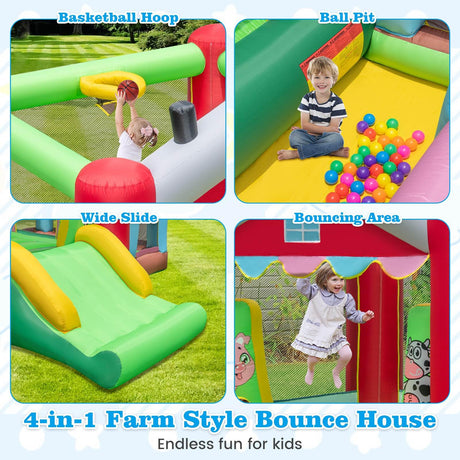 Inflatable Bounce House, 4-in-1 Farm Themed Jumping Castle with Slide
