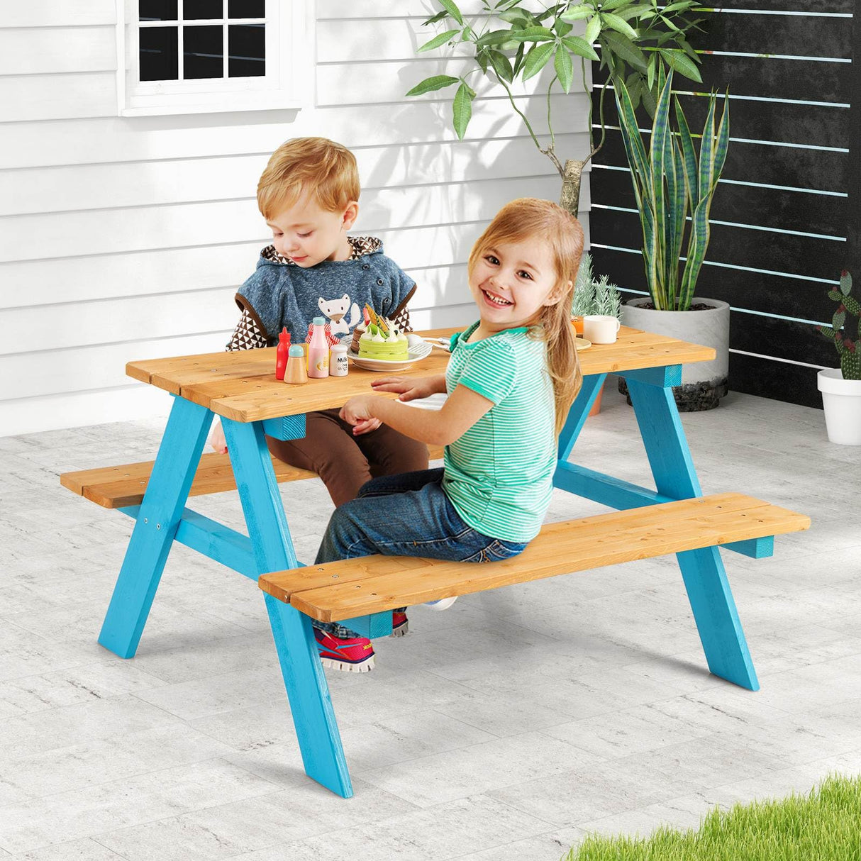HONEY JOY Kids Wooden Picnic Table Set, Outdoor Children Table with Bench Seats