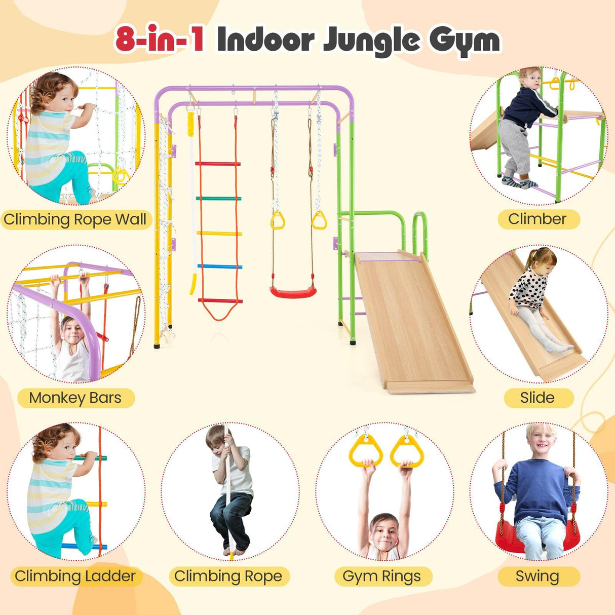 Metal Indoor Jungle Gym, 8-in-1 Climbing Playset w/Monkey Bars