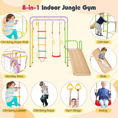 Metal Indoor Jungle Gym, 8-in-1 Climbing Playset w/Monkey Bars