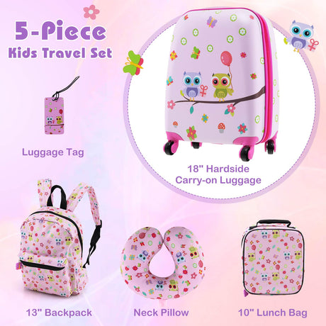 BABY JOY 5 Pieces Kids Luggage Set, Carry-on Children Rolling Suitcase Set w/Backpack, Neck Pillow, Name Tag, Lunch Bag