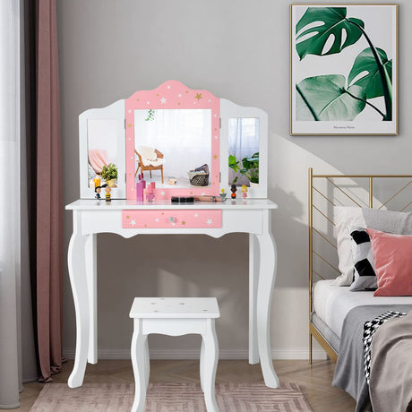 HONEY JOY Kids Pretend Play Vanity Set, 2-in-1 Wooden Princess Makeup Dressing Table w/Stool & Drawer