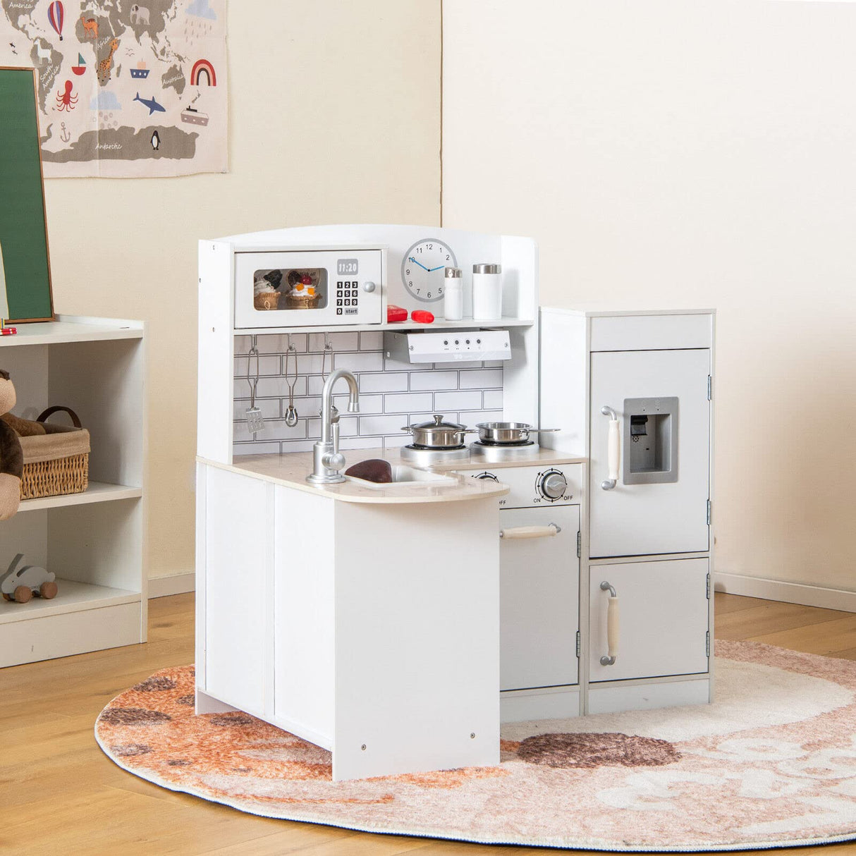 HONEY JOY Kids Corner Kitchen Playset, Wooden Play Kitchen Toy Set w/Realistic Microwave, Oven