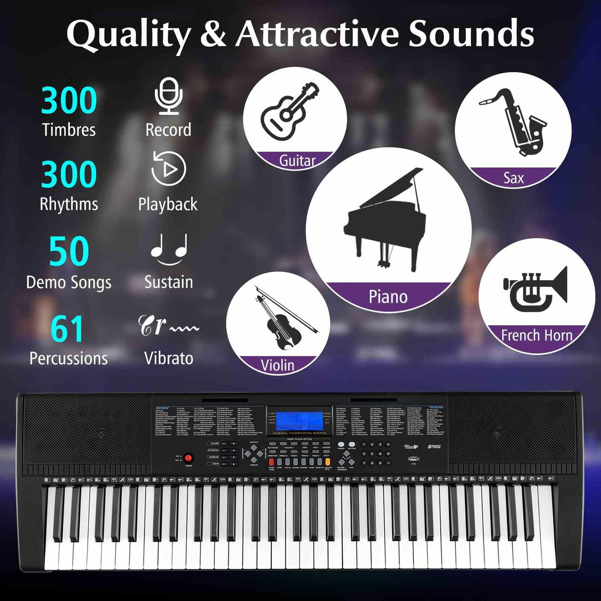 61-Key Portable Electronic Keyboard Piano with Stand and Stool