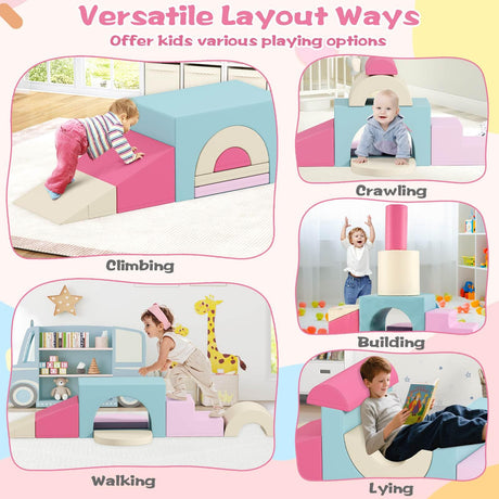 Children playing with a soft play area set in various activities.