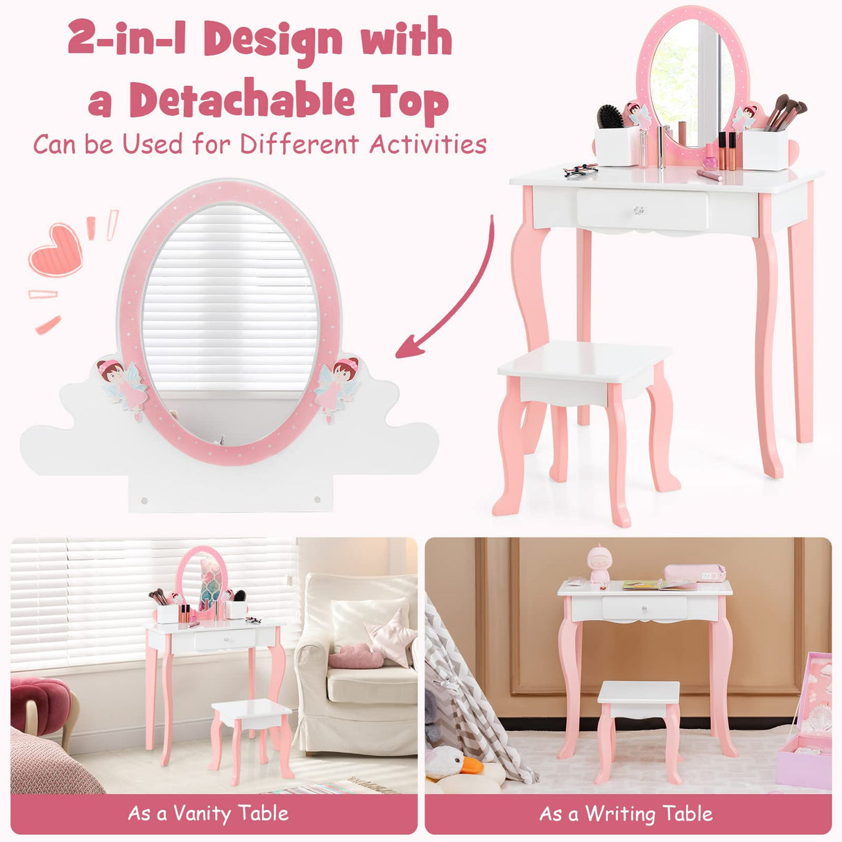 HONEY JOY Kids Vanity Table & Stool Set, 2-in-1 Children Makeup Dressing Table w/Mirror, Chair, Drawer, Pen Holders & Detachable Top