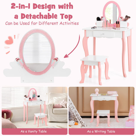 HONEY JOY Kids Vanity Table & Stool Set, 2-in-1 Children Makeup Dressing Table w/Mirror, Chair, Drawer, Pen Holders & Detachable Top