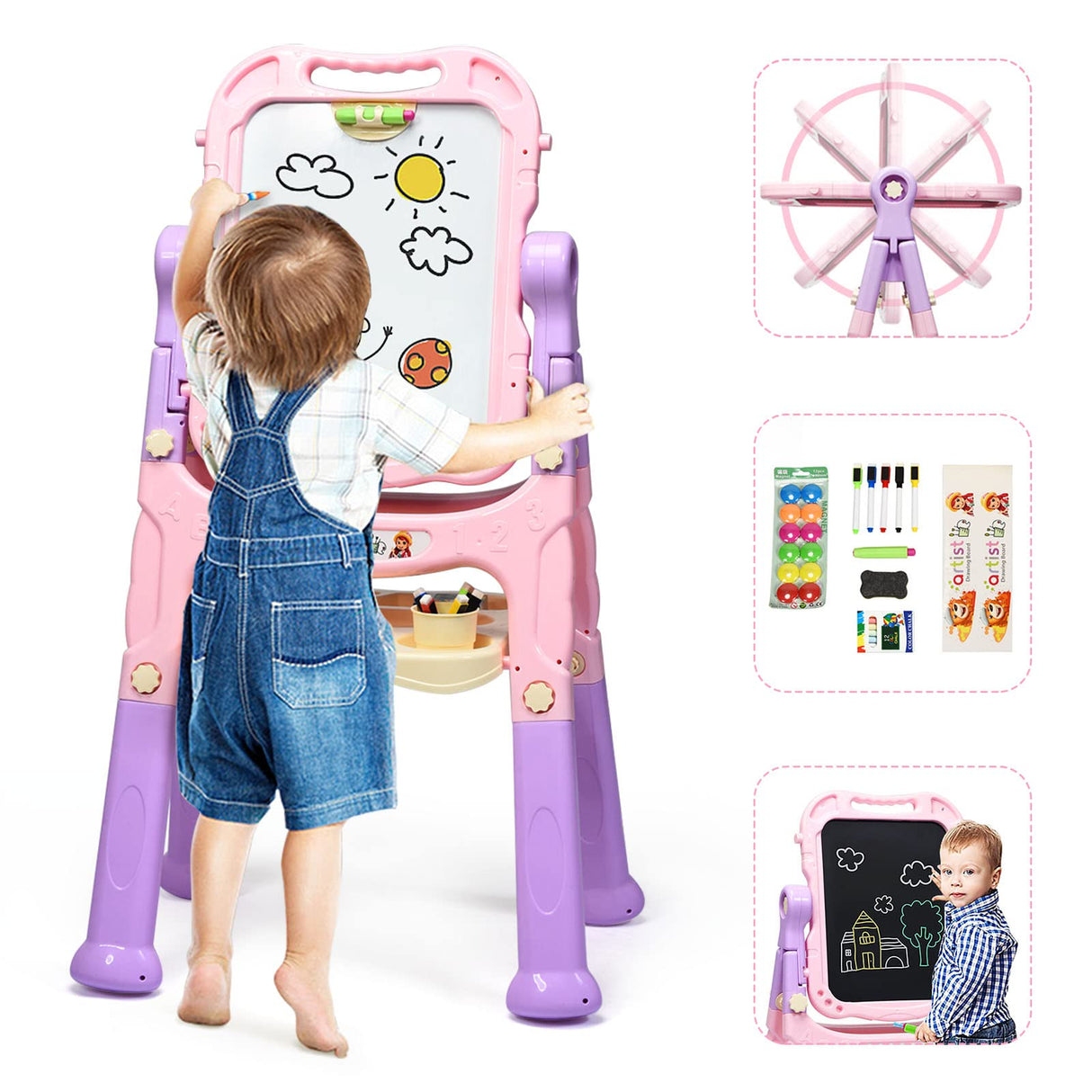 BABYJOY Art Easel for Kids, Height Adjustable 360° Rotate Double Sided Standing Art Drawing Board