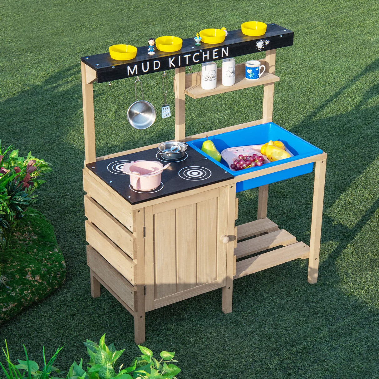 HONEY JOY Kids Kitchen Playset, Wooden Pretend Playset for Children w/Realistic Utensils
