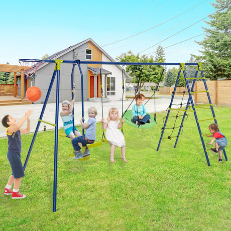 HONEY JOY 6-in-1 Patio Kids Swing Set, A-Shaped Metal Swing Frame