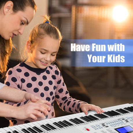HONEY JOY 61 Key Piano Keyboard, Portable Electronic Keyboard Piano with Lighted Keys, LCD Screen, Headphones (White)