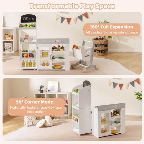 Kids Grocery Store Playset, Convertible Wooden Play Store with Shopping Cart