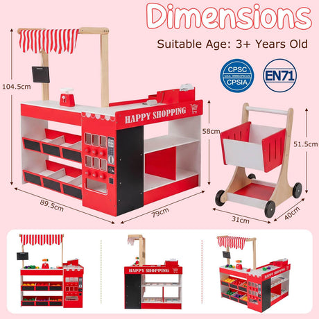 Kids Grocery Store Playset, Wooden Pretend Play Supermarket w/Shopping Cart