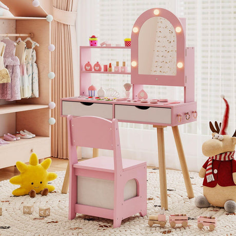 Kids Vanity Set, Pretend Play Dressing Table Set w/3-Color Lighting Modes